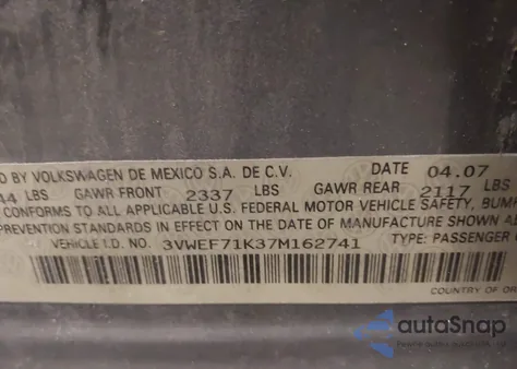 2007 Volkswagen Jetta Wolfsburg Edition z USA, uszkodzony, nr VIN 3VWEF71K37M162741